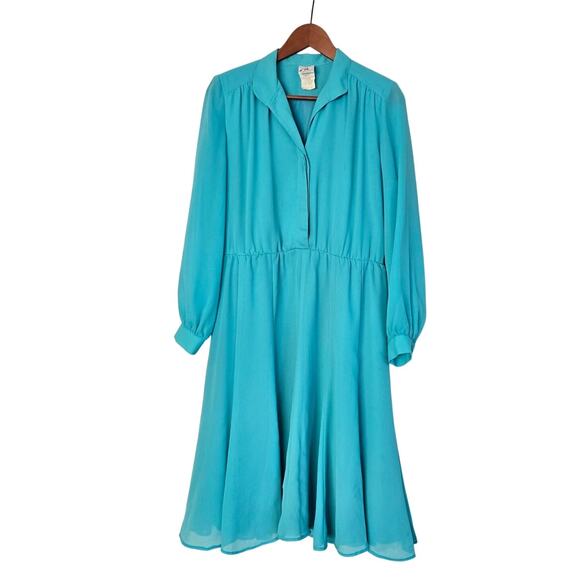 Petites by Willi Dresses & Skirts - 1980s Vintage Turquoise Chiffon Secretary Dress Sheer Bishop Sleeve USA Size 10